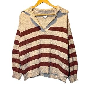 Heyson Textured Sweater Women’s 3XL Brown Cream Stripe Shawl Collar Pullover